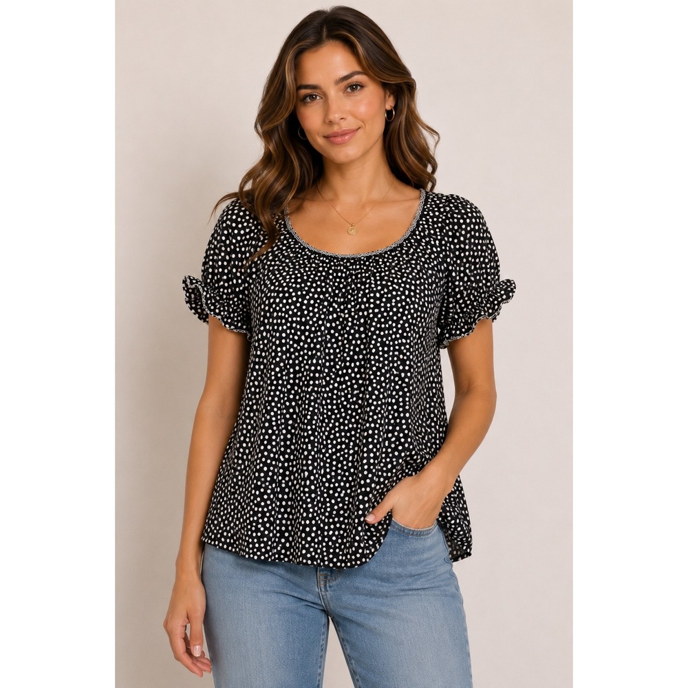 Max Studio Womens Polka Dot Puff Sleeve Scoop Neck Blouse Black White Large
